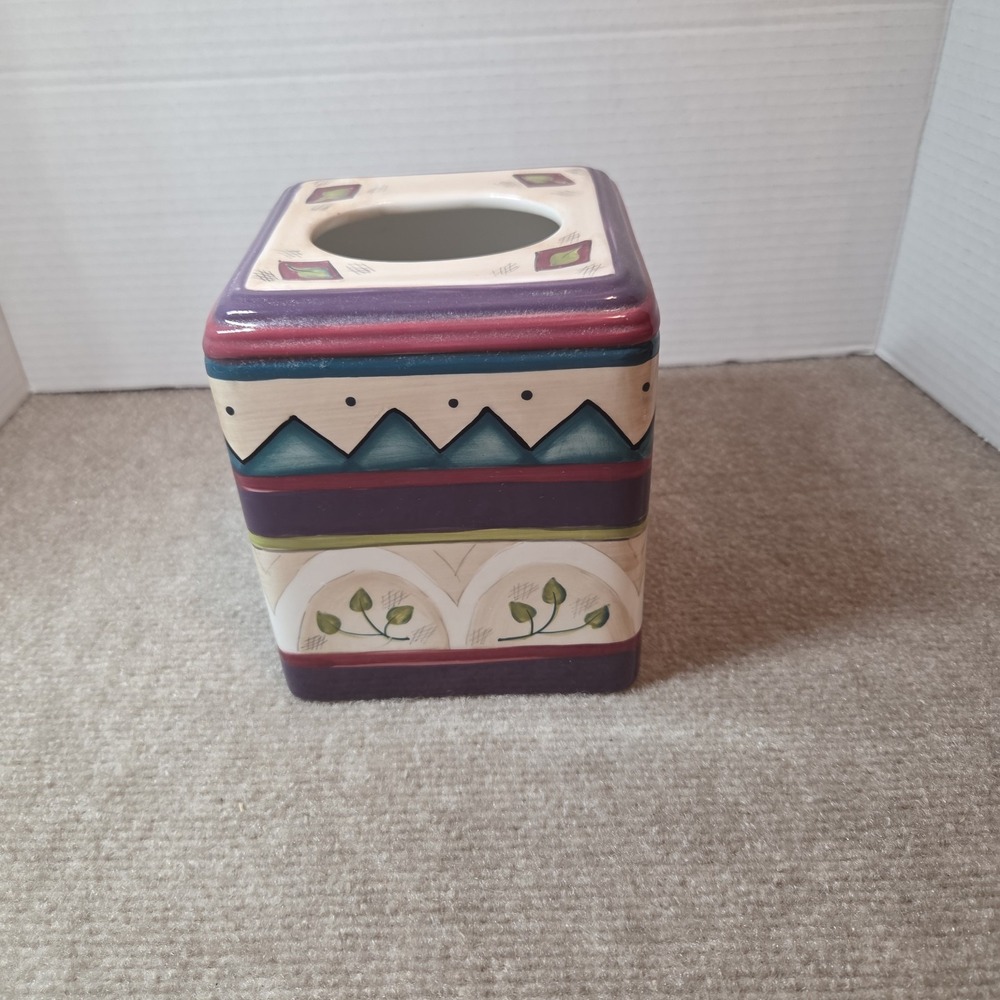 Vintage 90s Wasmutta Floral Geometric Southwest Decor Ceramic Tissue Box Cover